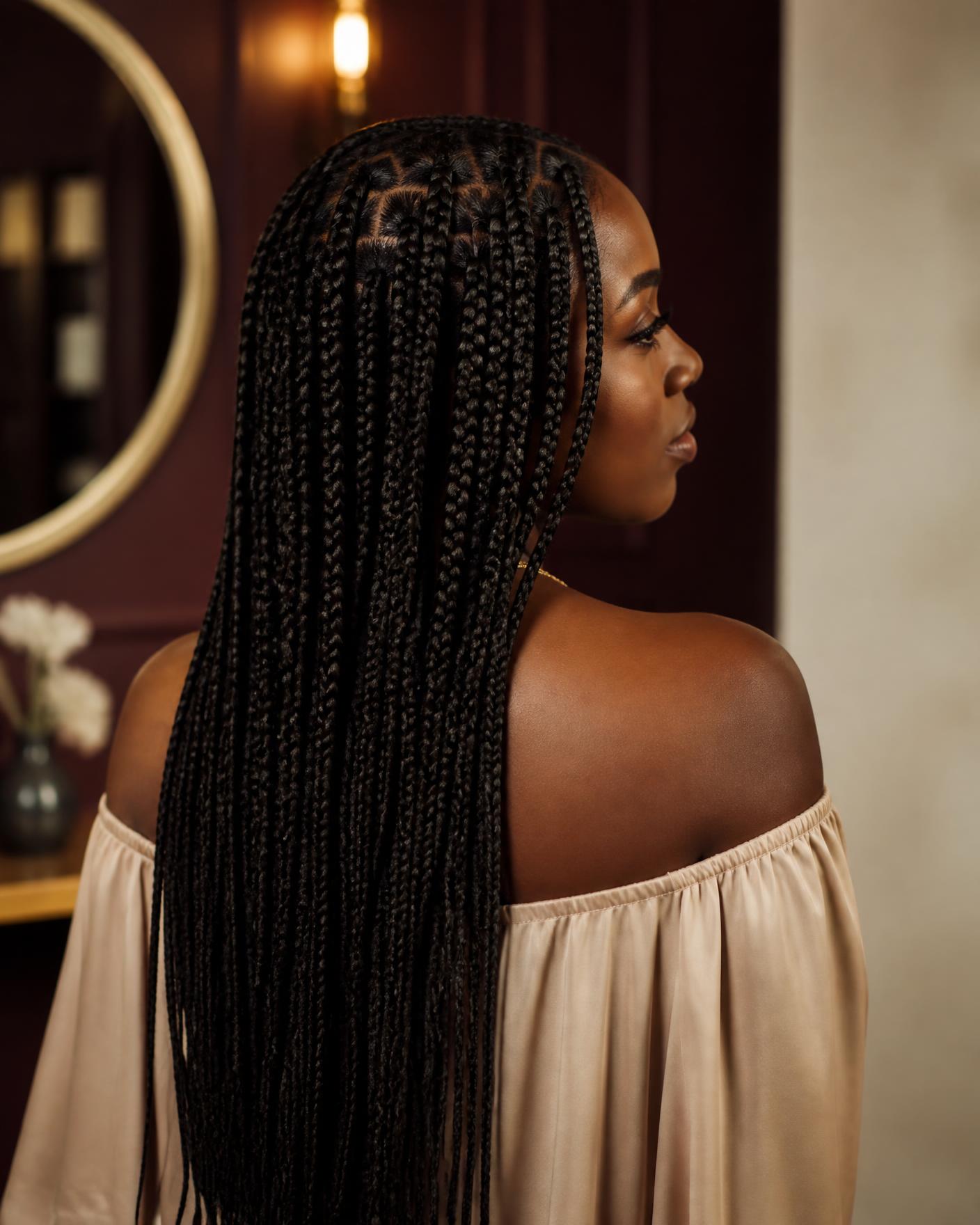 Long knotless braids styled at Sidou Expert Hair Braiding